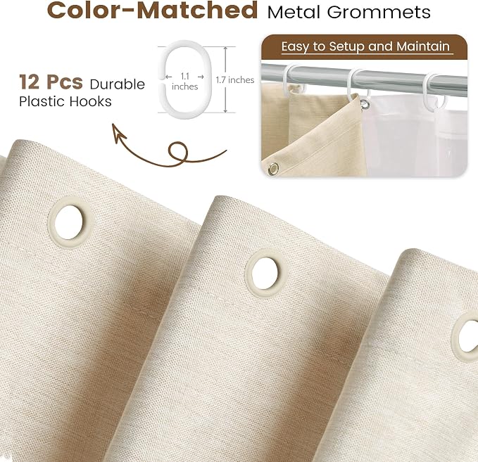 BTTN 3 in 1 Shower Curtain Set - 80 Inch Long Linen Textured Polyester Shower Curtain and Clear Liner Set with Plastic Hook, Modern Luxury Waterproof Shower Curtain for Bathroom, Cream/Beige, 72x80