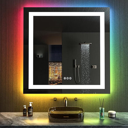 LOAAO 38"X38" LED Bathroom Mirror with Lights, Anti-Fog, Dimmable, RGB Backlit + Front Lighted, Bathroom Vanity Mirror for Wall, Memory Function, Waterproof, Tempered Glass | Anti-Fog, Dimmable, RGB Backlit + Front Lighted, Memory Function, Tempered Glass