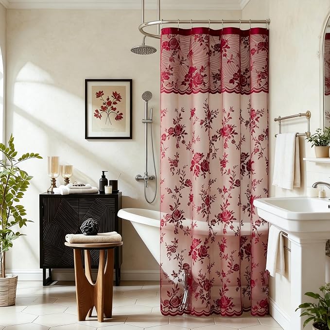 Burgundy Lace Shower Curtain for Bathroom Vintage Maroon Floral Shower Curtain with Attached Valance, Decorative Romantic Victorian Lace Bath Curtains Luxury Wine Bathroom Decor, 36 x 72 Inch, 1 Panel
