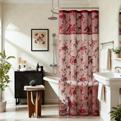 Burgundy Lace Shower Curtain for Bathroom Vintage Maroon Floral Shower Curtain with Attached Valance, Decorative Romantic Victorian Lace Bath Curtains Luxury Wine Bathroom Decor, 36 x 72 Inch, 1 Panel