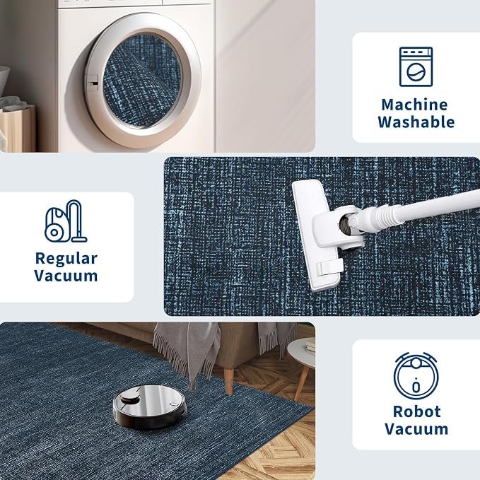 Garvee Washable Living Room Area Rugs 4x6 Kids Rugs for Bedroom, Navy | Modern Solid Color Non Slip Backing Low Pile Non Shedding Stain Resistant Neutral Soft Rug for Entryway Dining Room Dorm