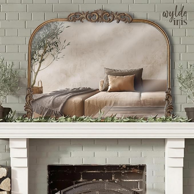 English Estate Carved Arch Wood Wall Mirror, Mirror for Entryway, Living Room, Bathroom, Antique Gold, 30.6x41