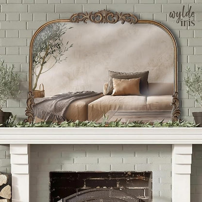 English Estate Carved Arch Wood Wall Mirror, Mirror for Entryway, Living Room, Bathroom, Antique Gold, 30.6x41