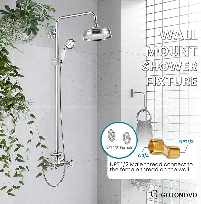 gotonovo Luxury Exposed Shower Faucet Set Bathroom Shower System 8 Inch Wall Mount Rainfall Shower Head with Handheld Spray Cross Double Handle Shower Fixture Adjustable Straight Rod Brushed Nickel
