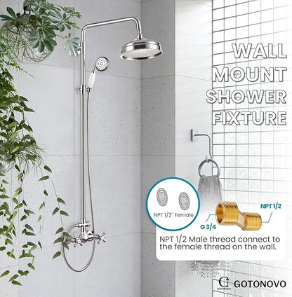 gotonovo Luxury Exposed Shower Faucet Set Bathroom Shower System 8 Inch Wall Mount Rainfall Shower Head with Handheld Spray Cross Double Handle Shower Fixture Adjustable Straight Rod Brushed Nickel