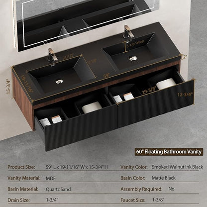 60" Floating Bathroom Vanity with Double Sink, Wall-Mounted Smoked Walnut Storage Cabinet, Wave-Textured Soft-Close Drawer & Matte Black Quartz Sand Basin