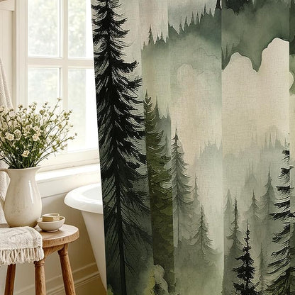 Litabel Dark Green Extra Long Linen Misty Pine Forest Shower Curtain 72 x 84, XL Mountain Foggy Woodland Cotton Shower Curtains for Bathroom, Abstract Waterproof Nature-Themed Decor