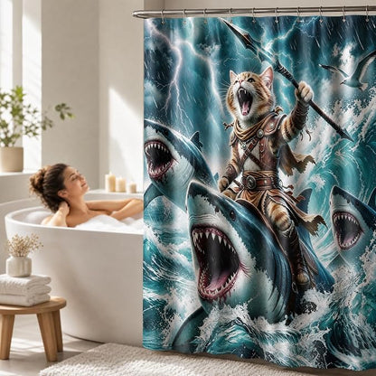Funny Cat Shower Curtain, Fun Cartoon Shark Riding Bath Curtain | 72x72 Inches, Waterproof Polyester Fabric, Ocean Themed Bathroom Decor for Teens, Includes 12 Hooks, Grey Blue Design