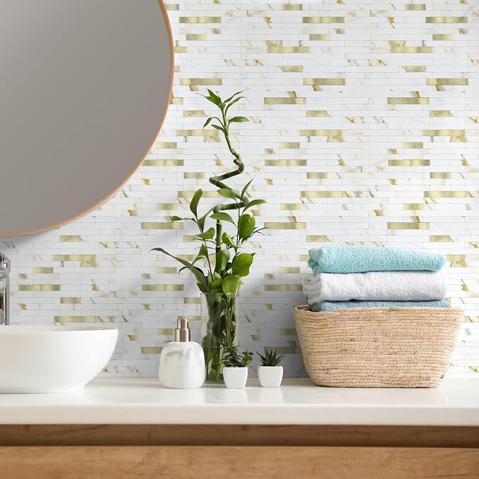 1 - Sheet Peel and Stick Backsplash Wall Tile, PVC Kitchen Backsplash, Stick on Tiles for Backsplash Kitchen (12'' X 12'', White with Gold)
