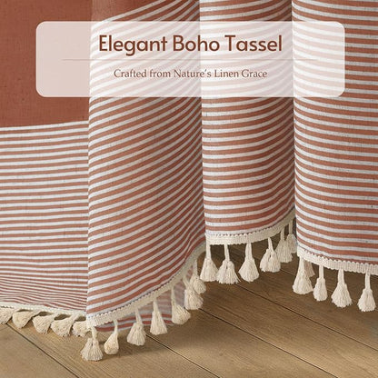 Coral Boho Linen Striped Shower Curtain with Tassel 72" W X 72" L | Boho Farmhouse Shower Curtains with Linen Texture for Bathroom Decor