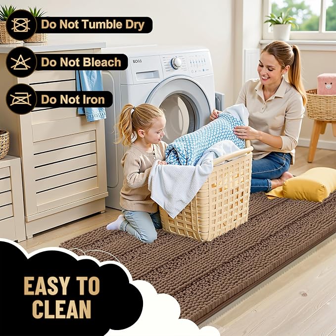 OLANLY Thick Bathroom Runner Rugs 44x24, Soft Chenille Bath Rugs, Mocha | Absorbent Striped, Rubber Backing, Machine Wash, Long Bath Mats for Bathroom Floor, Tub and Shower, Home Decor Accessories