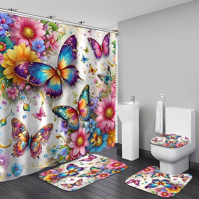 Chrainy 4pcs Colorful Butterfly Shower Cutain Set Bathroom Decor with Rugs | Bath Accessories with Waterproof Curtain, Bath Mat, Toilet Lid Cover, U-Shaped Rug and 12 Hooks for Washroom, 71*71in