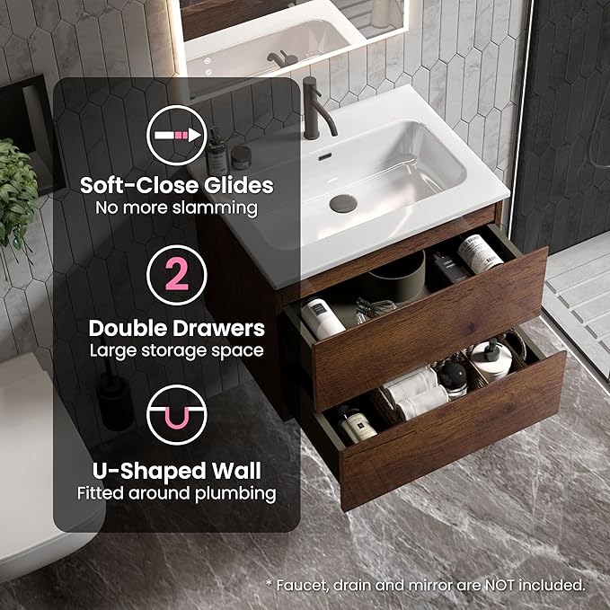 24" Bathroom Vanity with Sink, Modern Floating Vanity with Double Soft Closing Drawers, Large Storage for Small Space, Walnut, Fully Assembled - Iris Collection