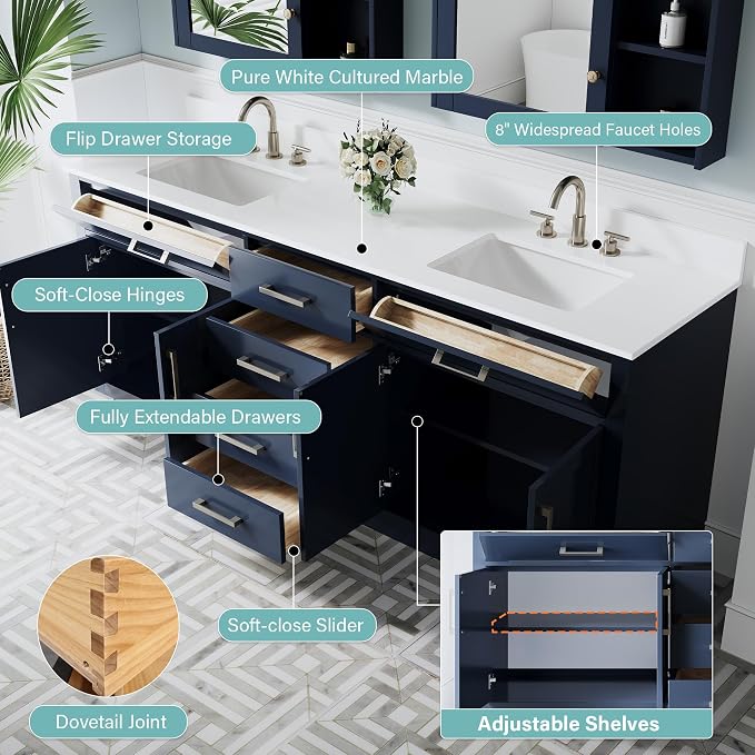 80-Inch Bathroom Vanity with Double Sinks W/ 4 Doors & 4 Drawers & 2 Flip Drawers, Navy Blue Vanity W/Brushed Nickel Handles