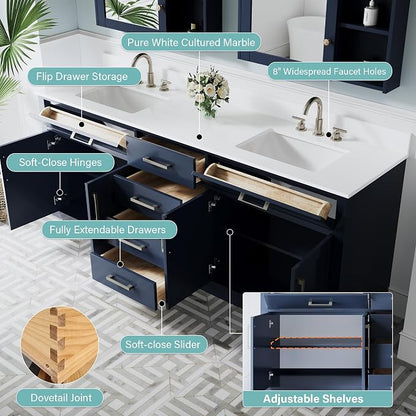 80-Inch Bathroom Vanity with Double Sinks W/ 4 Doors & 4 Drawers & 2 Flip Drawers, Navy Blue Vanity W/Brushed Nickel Handles