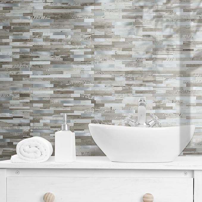 AULIGET Peel and Stick Backsplash, Coffee & Brown Wood Look PVC Mixed Metal Stick on Bathroom Backsplash, 2