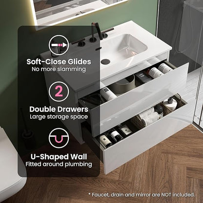 30" Bathroom Vanity with Sink, Modern Floating Vanity with Double Soft Closing Drawers, Large Storage for Small Space, Glossy White, Fully Assembled - Iris Collection