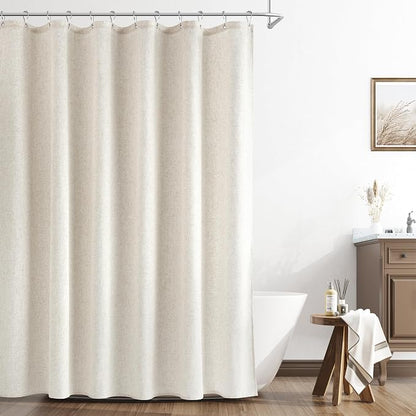 Extra Long Linen Shower Curtain 86 Inch Long Weighted Thick Fabric Bath Shower Curtain Set with Hooks, XLong Tall Country Farmhouse Beige Curtains for Bathroom, 72x86