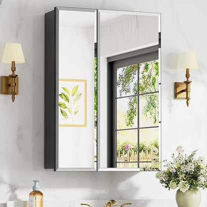 26x30 Inch Medicine Cabinet with Mirror, Aluminum Bathroom Mirror Cabinet, Beveled Edge Mirrored Double Door, Adjustable Shelves, Surface or Recessed Mount Mirrors with Storage,Black