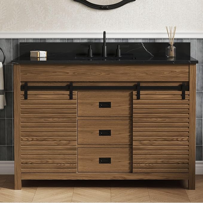 48 Inch Farmhouse Bathroom Vanity with Sink, Walnut | Pre Assembled Freestanding Bathroom Sink Cabinet, Sliding Barn Doors & Soft-Closing Drawers, Single Sink, Adjustable Feet