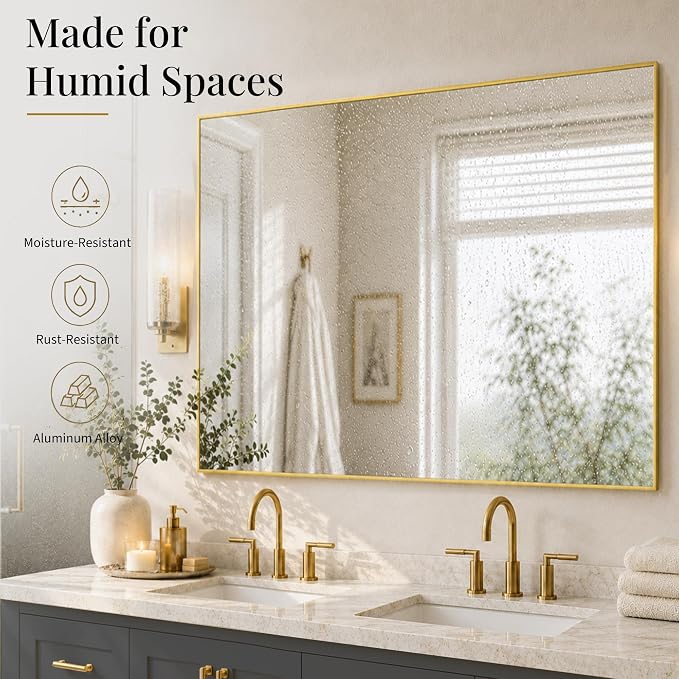 48"x36" Brushed Gold Large Framed Bathroom Vanity Wall Mirror | Large Vanity Wall Mirror, Slim Metal Frame, Dresser or Sideboard Use, Vertical/Horizontal Mount, Tempered Glass
