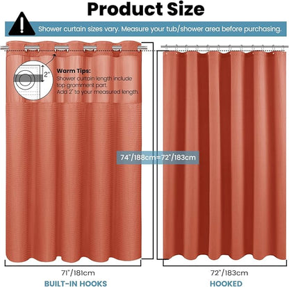 SORTTO No Hook Shower Curtain with Snap in Liner Set Waffle Shower Curtain for Bathroom Hotel Style Fabric Waterproof Inner Liner，71" W x 74" H, Coral