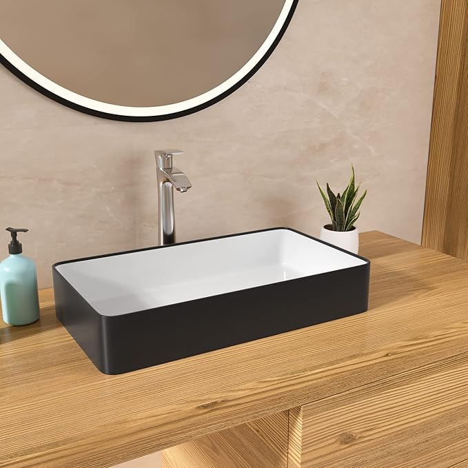 Lordear Rectangular Vessel Sink 24X14 Inches Black and White Above Counter Bathroom Sink Lavatory Vanity Basin