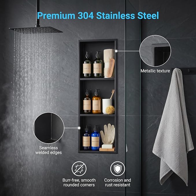 304 Stainless Steel Shower Niche 12” x 36” for Bathroom Storage | Matte Black Recessed Shower Niche No Tile Needed with 3-Tier Shelves