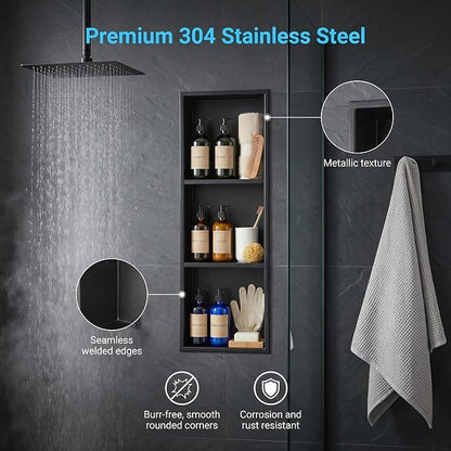 304 Stainless Steel Shower Niche 12” x 36” for Bathroom Storage | Matte Black Recessed Shower Niche No Tile Needed with 3-Tier Shelves