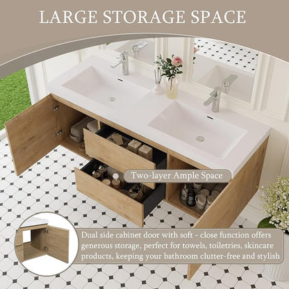 60 Inch Floating Bathroom Vanity with Double Sinks | Storage Cabinet with Sink Natural Oak Wall Mounted Cabinet, Solid Surface Top, 4 Soft Close Drawers, Fully Assembled