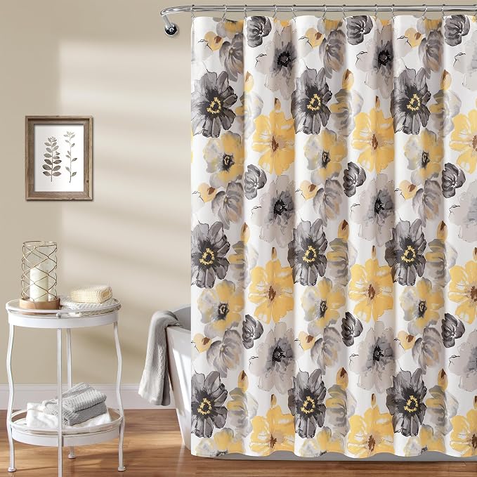 Lush Decor Leah Floral Shower Curtain, 72" W x 84" L, Yellow/Gray - Fabric Shower Curtains - Watercolor Botanical Bathroom Curtain - Farmhouse & French Country Decor