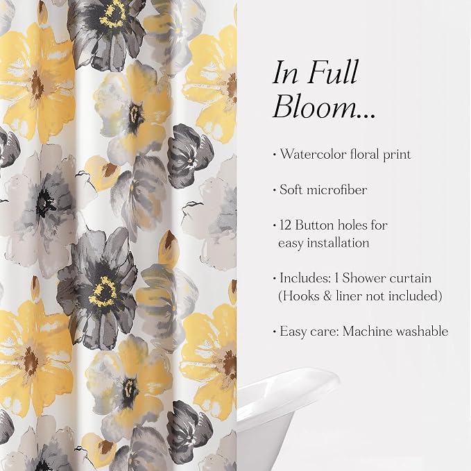 Lush Decor Leah Floral Shower Curtain, 72" W x 84" L, Yellow/Gray - Fabric Shower Curtains - Watercolor Botanical Bathroom Curtain - Farmhouse & French Country Decor