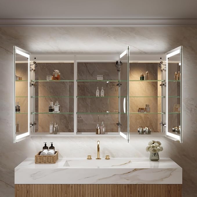 WELLFOR 60" X 36" Bathroom Mirror Medicine Cabinet with 3X Magnification Makeup Mirror, LED Mirrored Cabinet, Bathroom Storage Mirror Cabinet, Three Opening Doors, Recessed or Surface