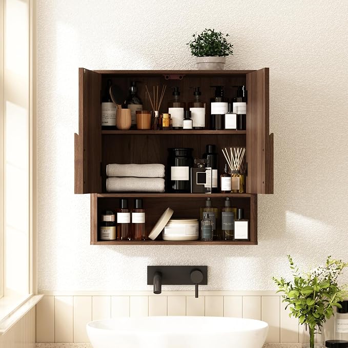 RUSTOWN Wall Mounted Bathroom Cabinets with Rounded Edges & Curved Handles | Adjustable Shelf, 3-Tier Over The Toilet Storage Cabinets, Modern Medicine Cabinet for Laundry Kitchen Living Room
