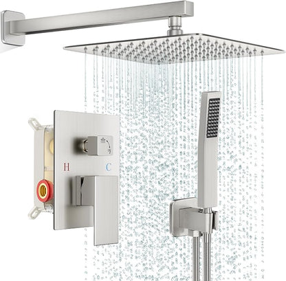 FPXRNG Shower Faucet Set Rainfall Shower System with Square Shower Head and Handle Set Rough-in Valve and Metal Trim Kit Included Brushed Nickel 10 Inch Wall Mounted Shower Fixtures