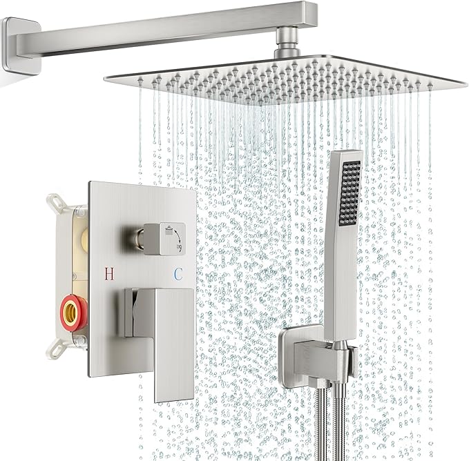 FPXRNG Shower Faucet Set Rainfall Shower System with Square Shower Head and Handle Set Rough-in Valve and Metal Trim Kit Included Brushed Nickel 12 Inch Wall Mounted Shower Fixtures