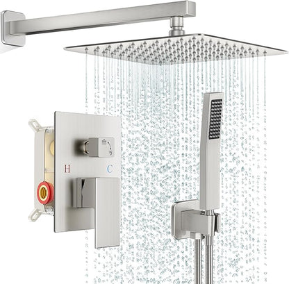 FPXRNG Shower Faucet Set Rainfall Shower System with Square Shower Head and Handle Set Rough-in Valve and Metal Trim Kit Included Brushed Nickel 12 Inch Wall Mounted Shower Fixtures