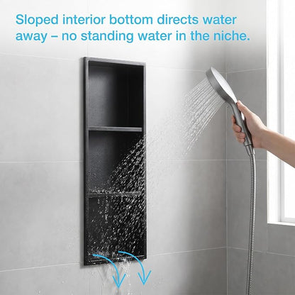 304 Stainless Steel Shower Niche 12” x 36” for Bathroom Storage | Matte Black Recessed Shower Niche No Tile Needed with 3-Tier Shelves