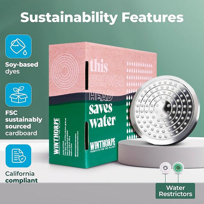 Winthorpe Water Saving Shower Head, High Pressure Showerhead with Widespread Coverage, Easy Installation, Modern Design, Low Flow Eco Mode, 90 Water Jets - Chrome