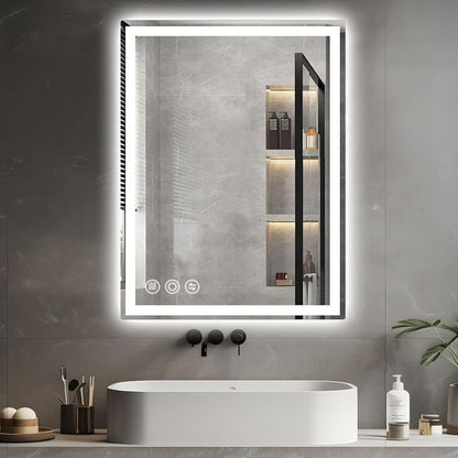 28" x 36" LED Bathroom Mirror with Lights, Memory Vanity Mirror | Anti-Fog, 3 Color Modes, Dimmable, Front Lit, Memory Function, Tempered Glass, Lighted Bathroom Mirror for Wall