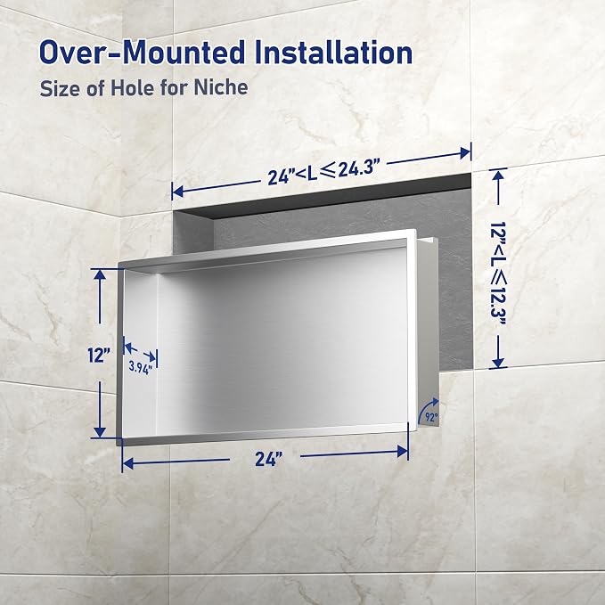 Stainless Led Shower Niche 24"x12" Brushed RGB Light No Tile Needed | 304 stainless steel shower niche,recessed dimmable niche shower,Led driver & remote control included,dropped in niche