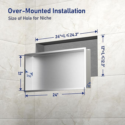Stainless Led Shower Niche 24"x12" Brushed RGB Light No Tile Needed | 304 stainless steel shower niche,recessed dimmable niche shower,Led driver & remote control included,dropped in niche