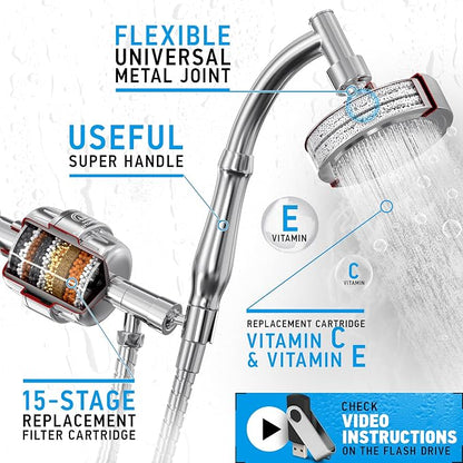 Handheld Shower Head With Filter - 15+2 Stage Filtration for Imporved Water - Vitamin C and E Infused With SPA Effect - High Pressure Head With Hose