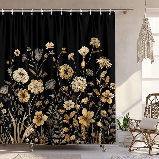 Vintage Boho Black Gold Floral Shower Curtain, Rustic Farmhouse Flower Shower Curtain Set, Cute Botanical Wlidflowers Fabric Shower Curtains Decoration, 72X72 Aesthetic Bathroom Accessories