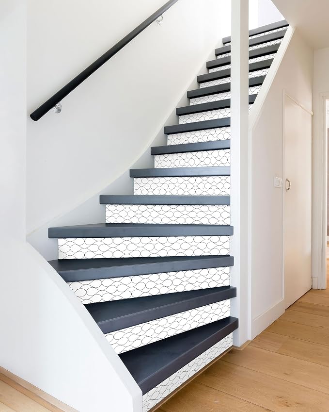 FLFK Modern Grid Stair Stickers - Set of 15, Peel and Stick Stair Riser Decals, 39.3"x7.08"