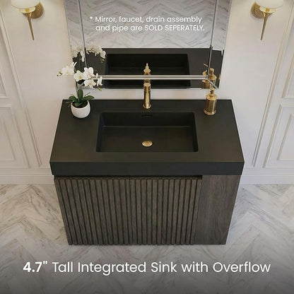 36" Bathroom Vanity with Sink Combo, Mid Century Modern Bathroom Cabinet with Doors & Open Shelf, Matte Black Integrated Sink with Overflow, Dark Grey Oak