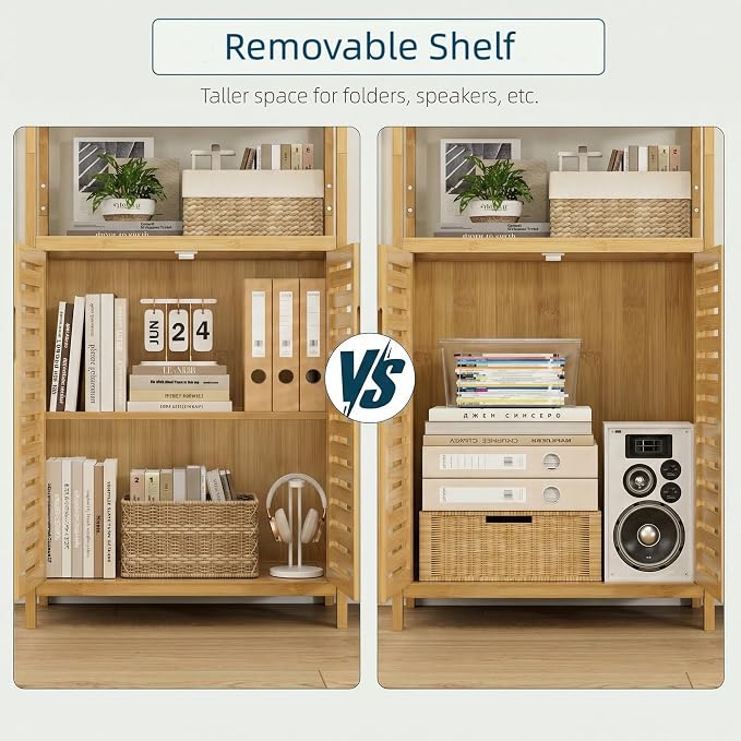 6-Tier Bamboo Book Shelves with 2 Door, Tall Bathroom Storage Cabinet | Freestanding Natural Bamboo Cabinet, 67" Tall Cabinet w/Plant Stand for Home Office, Living Room, Kitchen Dining,Balcony,2PCS