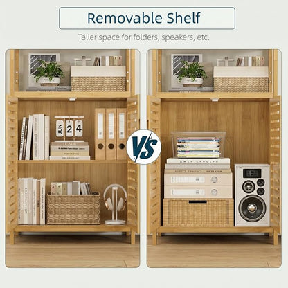 6-Tier Bamboo Book Shelves with 2 Door, Tall Bathroom Storage Cabinet | Freestanding Natural Bamboo Cabinet, 67" Tall Cabinet w/Plant Stand for Home Office, Living Room, Kitchen Dining,Balcony,2PCS