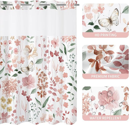 Litabel No Hook Pink Watercolor Floral Shower Curtain and Liner Set, 72x80 | Spring Flower Shower Curtains with Snap-in Liner for Farmhouse Bathroom Decor, Botanical Bathroom Curtain with Leaves