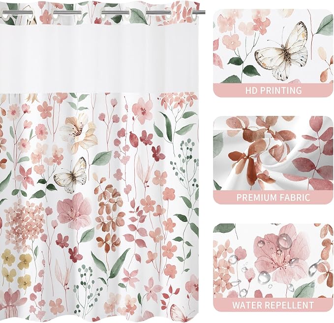 Litabel No Hook Pink Watercolor Floral Shower Curtain and Liner Set, 72x86 | Spring Flower Shower Curtains with Snap-in Liner for Farmhouse Bathroom Decor, Botanical Bathroom Curtain with Leaves